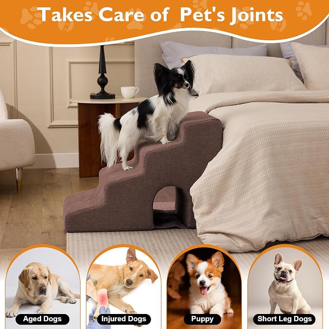 Dog Stairs for Bed 19.5’’ H, 4-Step Dog Steps for High Bed, Pet Stairs for Small Dogs and Cats to Get on Beds, Couch, Non-Slip Balanced Pet Steps and Ramp with Waterproof Cover and Tunnel, Brown
