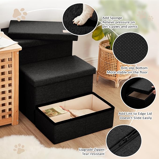 Love's cabin Dog Stairs with Storage, 3 Steps Wider Dog Steps for High Bed 18" H, Foldable Pet Stairs for Small Medium Large Dogs Cats for Bed Couch Car, Ramp with Zip up to 200 lbs, Black