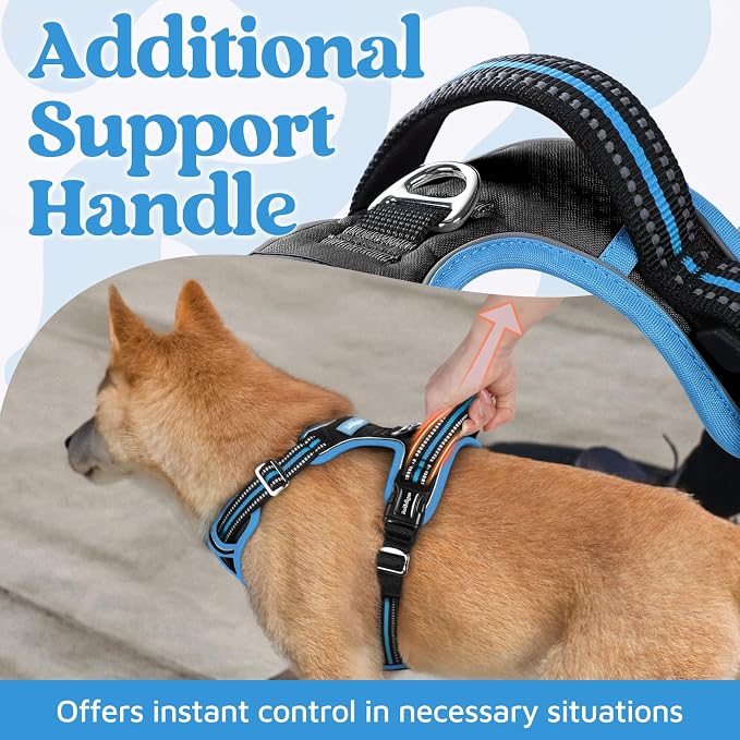 rabbitgoo Dog Harness for Large, No Pull 3 Buckles Easy On & Off | Soft Padded, Walking with Control Handle, Adjustable and Reflective, Black & Blue, X-Large