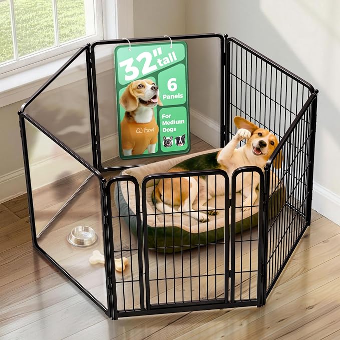 FXW AuraSpace Pro Acrylic & Wire Mesh Indoor Dog Playpen, 32" Height 6 Panels Metal Dog Pen for Small and Medium Dogs, Black│Patented