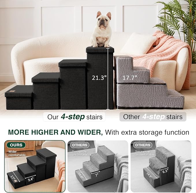 Love's cabin Dog Stairs for Small Medium or Large Dogs with Storage and Adjustable Steps, Foldable Cat Steps for Bed or Couch, 4-Step Black Folding Ramp with Zip up to 200 lbs, Black