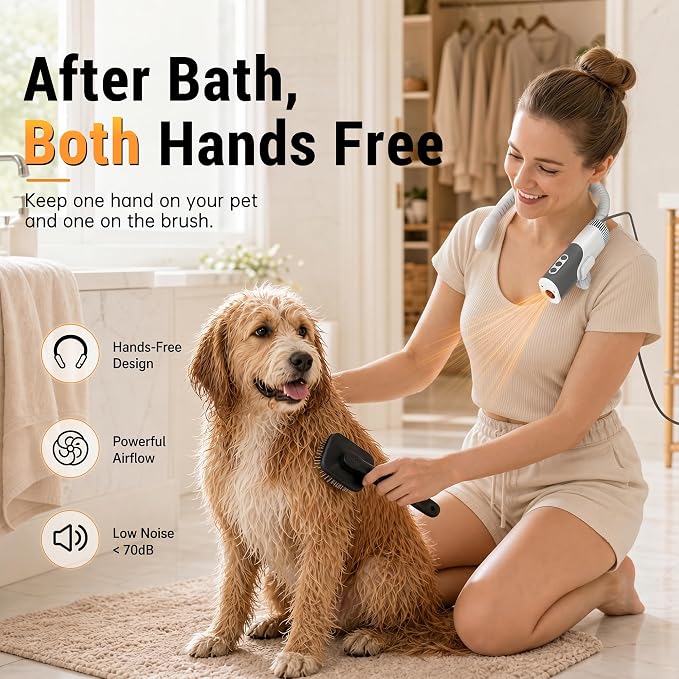 PETNF Hands-Free Neck Dog Dryer, 110,000 RPM High Velocity Pet Hair Blow Dryer for Dog Grooming, 1300W Wearable Design, 3 Speeds 5 Heat Settings, Home & Salon