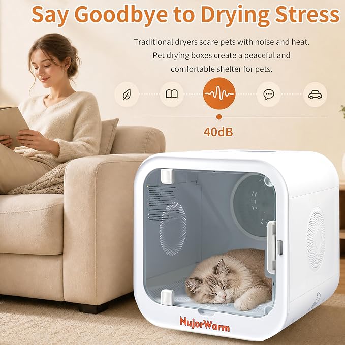 Pet Drying Box, 61L Quiet Hair Dryer for Cats and Small Dogs | 360° Fast Drying Adjustable Temperature & Speed Settings Overheat Protection Low Noise Smart Soft Hair Grooming Dryer 1200W