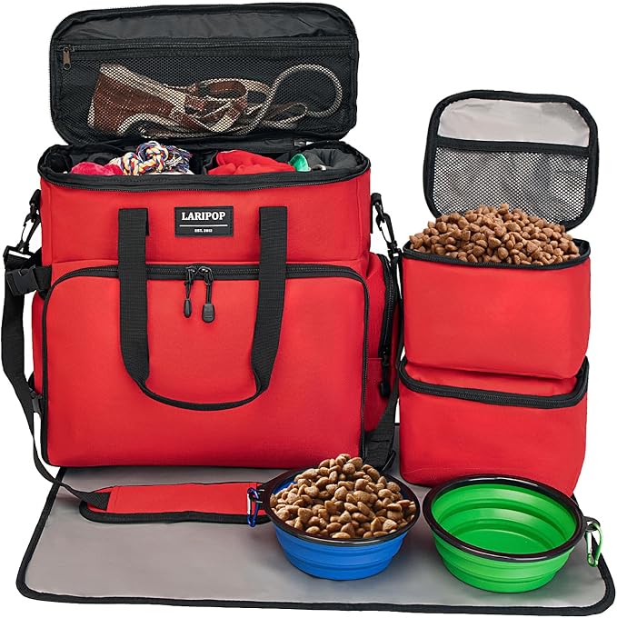 LARIPOP Dog Travel Bag Airline Friendly with Collapsible Bowls & Food Containers