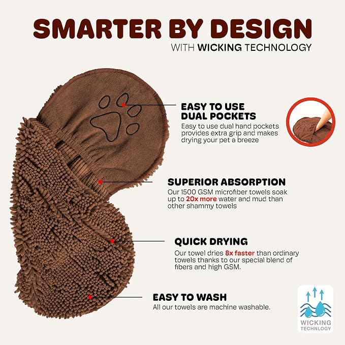 Dog Gone Smart The Dirty Dog Shammy - Antimicrobial Microfiber Dog Towel for Odor Control, Fast-Drying Plush, Dual Hand Pockets & Elastic, Super Absorbent, Machine Washable, 31 x 13 in, Brown