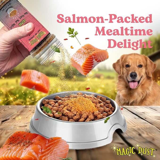 Magic Dust Salmon Jerky Topper, Single Protein Pet Food Topper for Dogs & Cats, Enhance Flavor & Elevate Mealtime Excitement for Picky Eaters - 3.5 Ounce Bottle in Salmon Flavor
