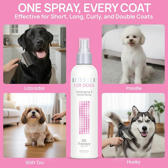 BioSilk for Dogs Silk Therapy Detangling and Shine Spray, 8 Fl Oz, 2-Pack | pH-balanced, paraben-free leave-in mist with silk and vitamins, dematting spray for all coats and breeds