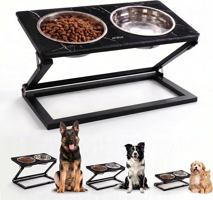 Elevated Dog Bowl Set: Height-Adjustable Stand with 2 Stainless Steel Food Bowls and a 20° Tilted Water Bowl—Suitable for Small, Medium, and Large Dogs (Faux Black Marble, Medium)