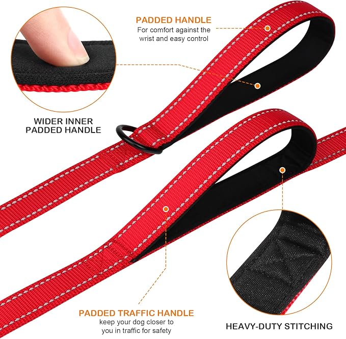 Joytale Dog Leash for Large Dogs that Pull, Double Handle, 4FT, Red | Traffic Handle for Control, Padded Handle Reduces Hand Strain, Reflective Stitching for Night Safety, Strong Nylon Webbing