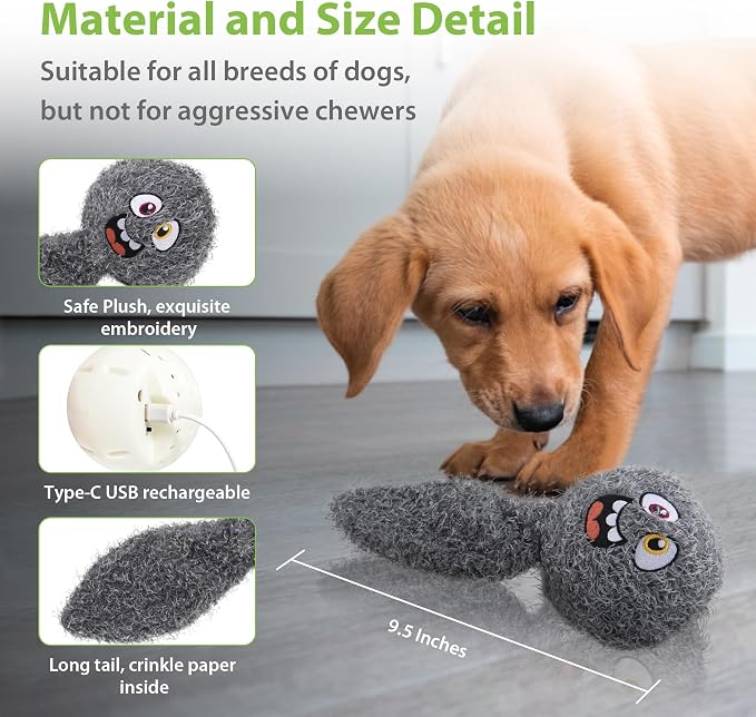 PETGEEK Upgraded Vibrating Squeaky Dog Ball, Rechargeable 900mAh, Grey | Motion-Activated Vibrating Dog Ball, Built-In Recording & Music, Crinkle Plush Cover, Squeaky Interactive Toy for All Dogs