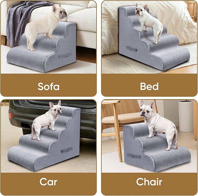 PAWSCRAT Dog Stairs for Small Pets, 11.8" H with 30D Material Soft Foam, Portable Ramp Non-Slip Surface Non-Slip for Couch and High Bed Climbing, 2-Step Stairs for Cat or Dog, LightGrey