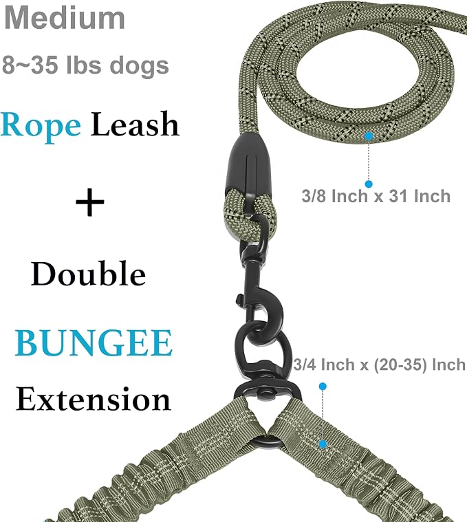 iYoShop Double Dog Leash, 360° Swivel, No Tangle, Medium, Military Green | Dual Leash for Two Dogs, Split Leash, Shock-Absorbing Bungee, Padded Handle, Heavy-Duty Rope