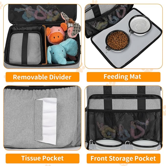 TORIBIO Dog Travel Bag,Large Pet Travel Bag for Supplies with 2 Food Container and Collapsible Bowls,Dog Travel Supplies Organizer Kit for Weekend,Road Trips,Camping