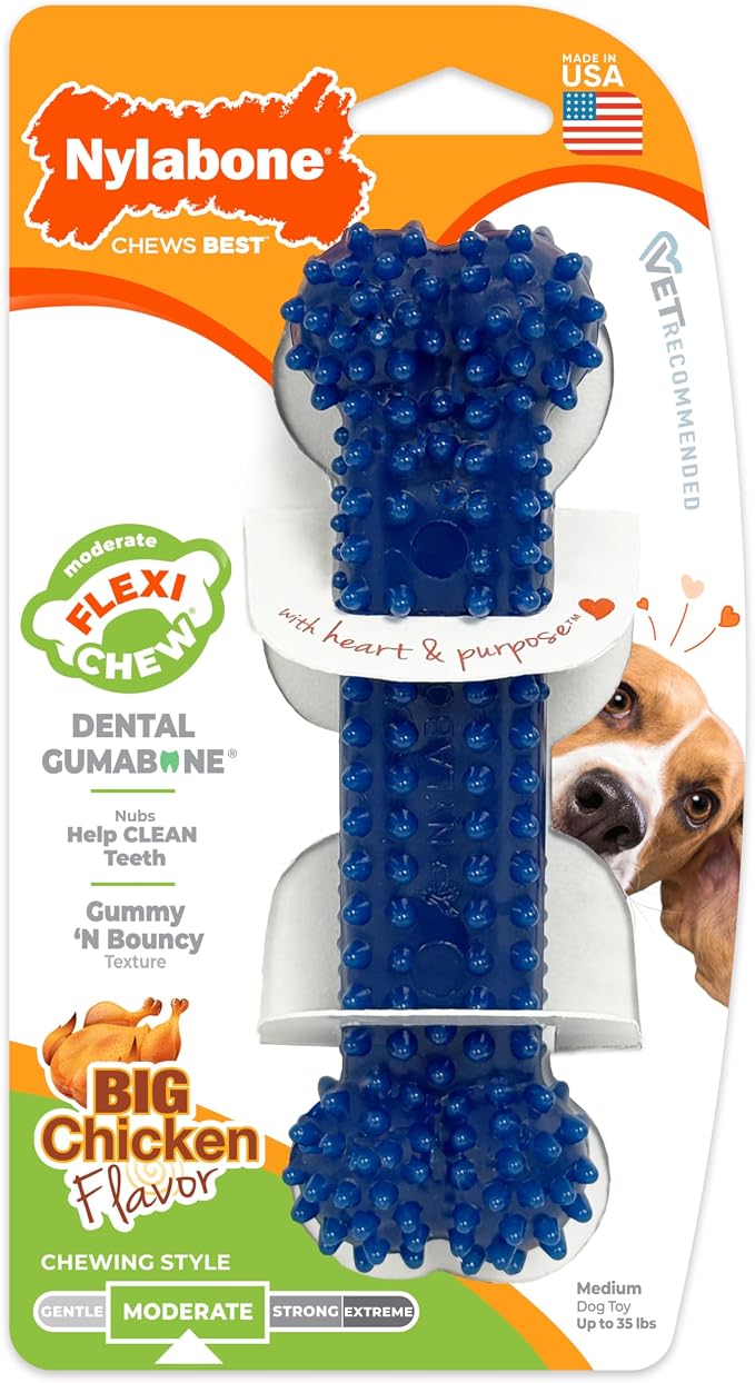 Nylabone Flexi Chew Dental Gumabone Dog Chew Toy, Chicken Flavor, Medium | Dog toy for medium dogs up to 35 lbs, teeth-cleaning textures, flexible material, gentle on teeth, great for seniors
