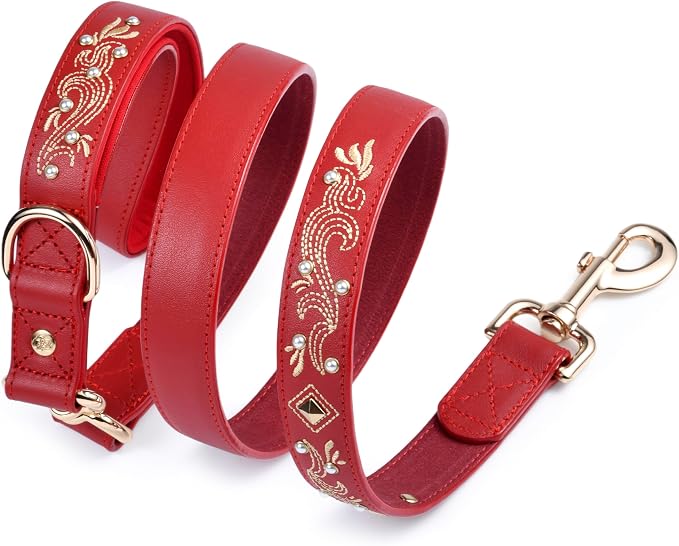 Blueberry Pet Premium Red Leather Dog Leash with Gold Baroque Embroidery