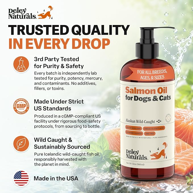 Deley Naturals Wild Alaskan Salmon Oil for Dogs & Cats - New and Improved Salmon Oil Plus Formula - Fish Oil for Dogs with Omega 3, DHA and EPA - Omega 3 for Healthy Skin and Coat - 32oz Made in USA