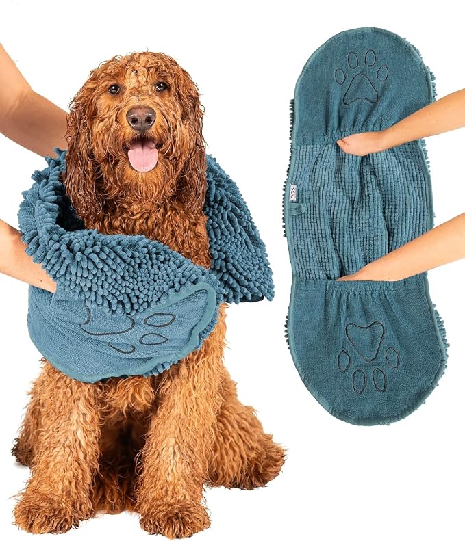 Dog Gone Smart The Dirty Dog Shammy - Fast Drying Plush Shammy Towel with Dual Hand Pockets and Elastic - Super Absorbent Polyamide Microfiber & Machine Washable - Pacific Blue, X-Large