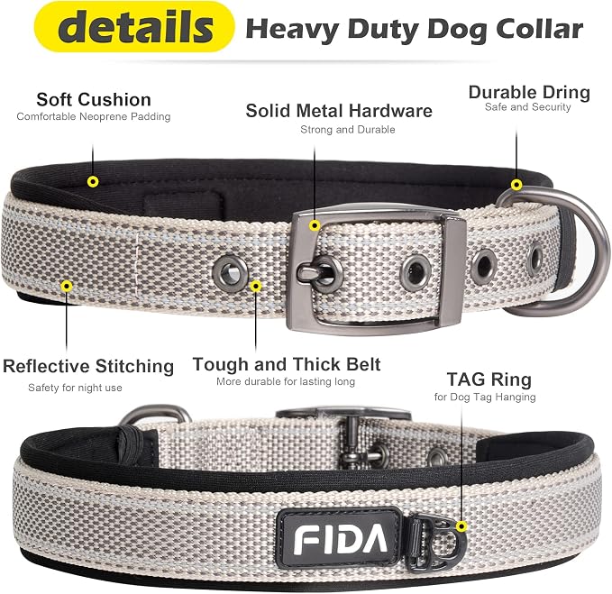 Fida Heavy Duty Dog Collar for Large Dogs with Metal Belt Buckle, Grey | Soft Neoprene Padded for Extra Comfort, Thicker Nylon Webbing, Adjustable Fit, Reflective Stitching for Night Safety