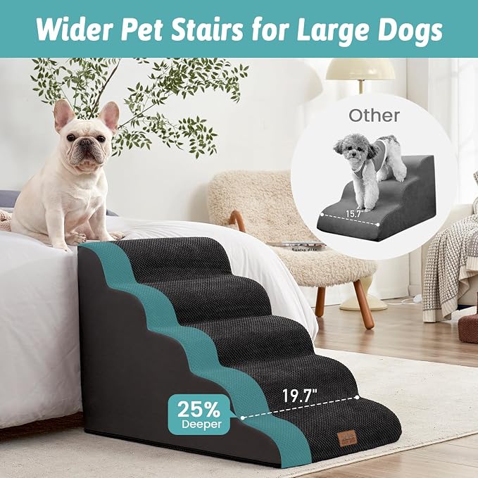 COZY KISS Extra Wide Dog Stair for Small Dog, 5 Step Pet Ramp for Bed | Curved Stable Dog Step for Puppy, Older Cat, Senior, Medium, Short-Legged Dog, Non-Slip Ladder for High Bed, 22.4" H, Black