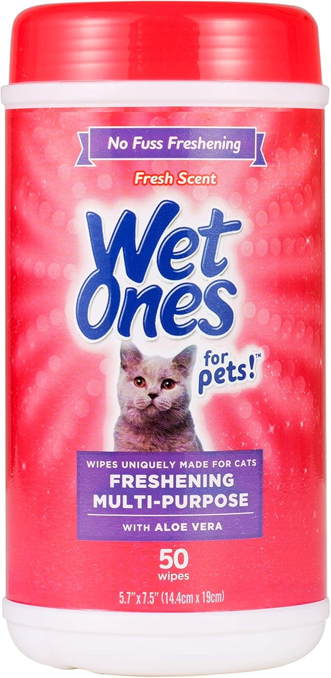 Wet Ones for Cats Freshening Multi-Purpose Grooming Wipes with Aloe Vera, 50 Count