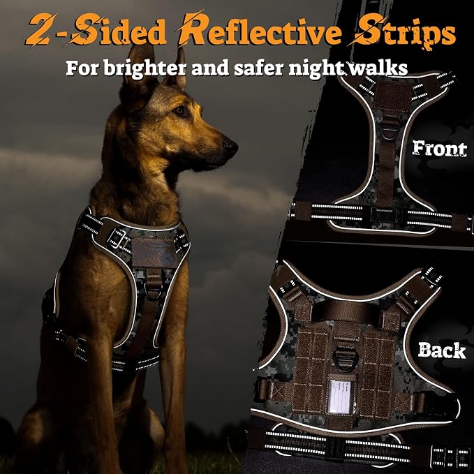 rabbitgoo Tactical Dog Harness for Large Dogs, No Pull Service Pet Vest | Military Molle System & Easy Control Handle, Adjustable and Reflective for Walking and Training, Brown Camo, X-Large