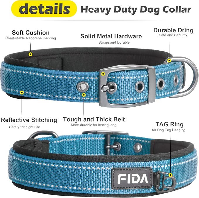 Fida Heavy Duty Dog Collar for Medium Dogs with Metal Belt Buckle, Blue | Soft Neoprene Padded for Extra Comfort, Thicker Nylon Webbing, Adjustable Fit, Reflective Stitching for Night Safety