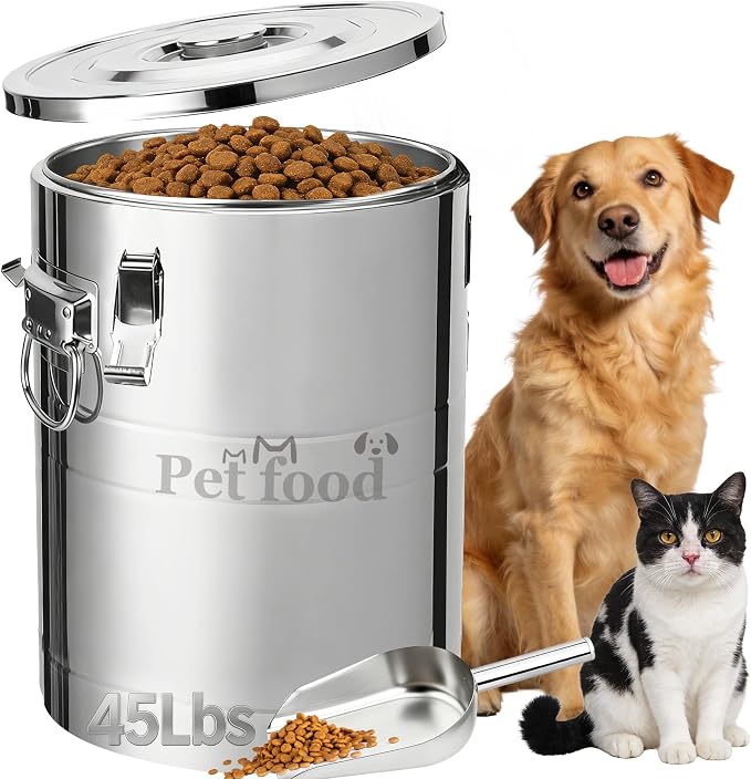 Newget 45 lb Stainless Steel Dog Food Storage Container with Scoop, 45 lb, Stainless Steel, Stainless Steel