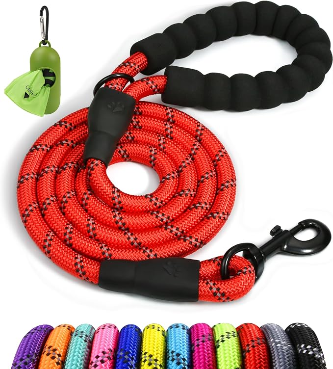 Taglory Rope Dog Leash for Medium Large Dogs, 5 FT Padded Handle, Red | Climbing Rope for Strong Pullers, Reflective for Night Walks and Training, Comfortable Grip, Anti-tangle Swivel Clip 1/2 inch