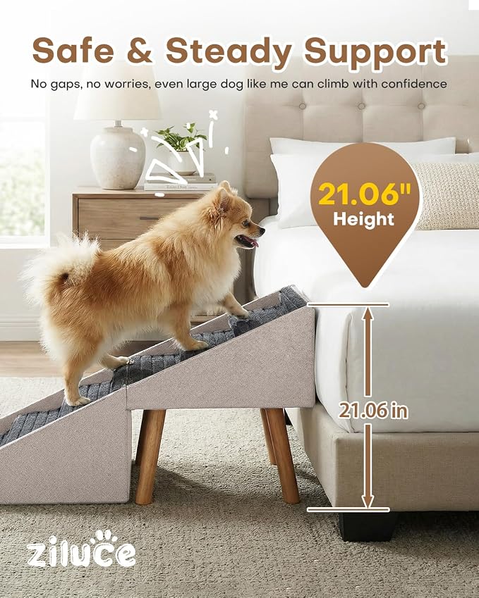 Dog Ramp for Bed & Couch, 21.06 inches High Dog Stairs for Large/Medium/Small Doggie, Foldable 2 in 1 Wooden Pet Steps for Puppy Older and Injured Dogs, Split Ottoman Design, No-Slip Surface (Apricot)