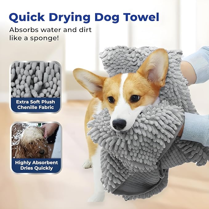 Muddy Mat Doggy Dryer, Highly Absorbent Microfiber Washable Dog Shammy Quick Drying Towel Absorber - Extra Soft Plush Wrap Chenille Bath Towels to Dry Soggy Large Pets & Small Puppy-Grey 19"x46"