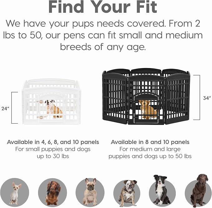 IRIS USA Dog Playpen with Door, 34” 8 Panel Pet Exercise Pen – Indoor Outdoor Puppy Play Pen, Portable Plastic Pet Fence for Small Medium Dogs, Foldable 63” x 63” x 34”, Black