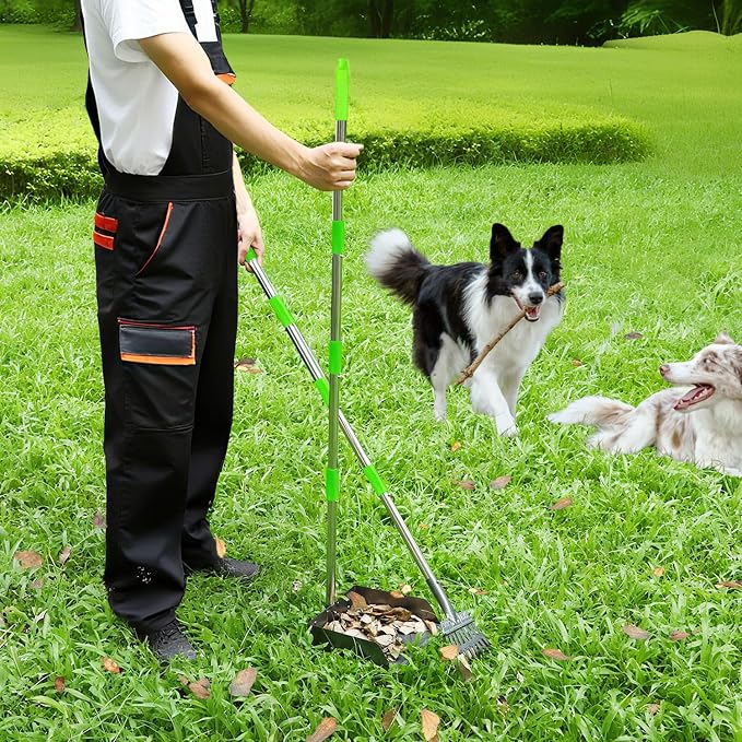 T2Y Extra Long Handle Dog Pooper Scooper 3-Piece Set, Heavy Duty Metal Poop Rake, Tray and Spade for Large Dogs, Stainless Steel Pet Waste Remover & Garden Scoop for Yard/Grass/Dirt/Gravel