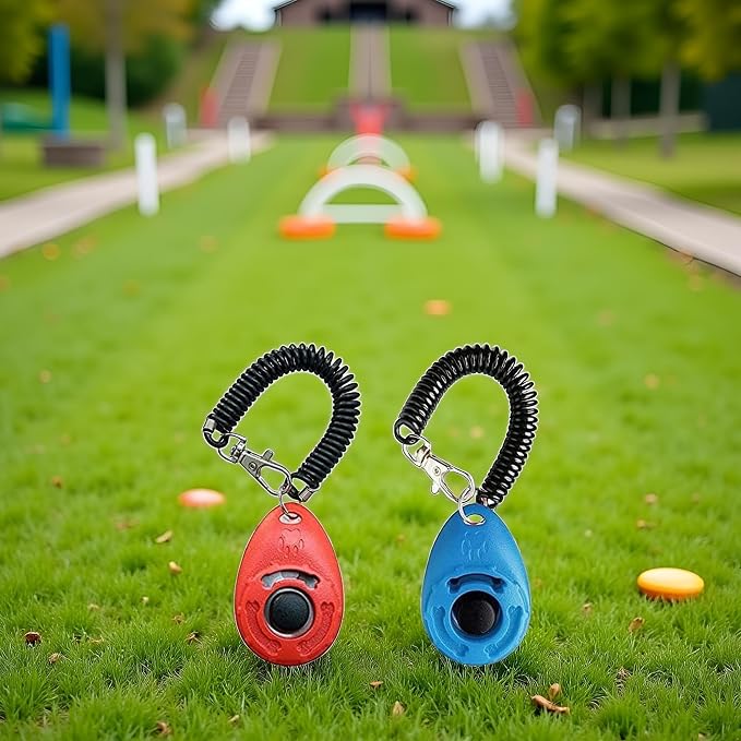 2Pcs Red and Blue Dog Training Clicker with Wrist Strap Lightweight Easy to Use, Pet Training Clicker for Cats Puppy Birds Horses. Perfect for Behavioral Training 2-Pack Collars