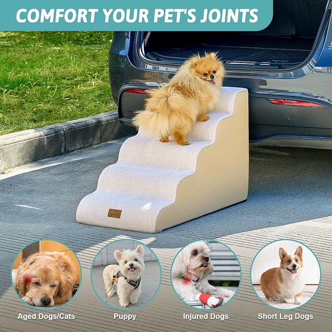 COZY KISS Wide Dog Stair for Small Dog 22.6" H, 5 Step Pet Ramp for Bed | Curved Stable Dog Step for Puppy, Older Cat, Senior, Medium, Short-Legged Dog, Non-Slip Ladder for Car, 17.7" Width, Beige