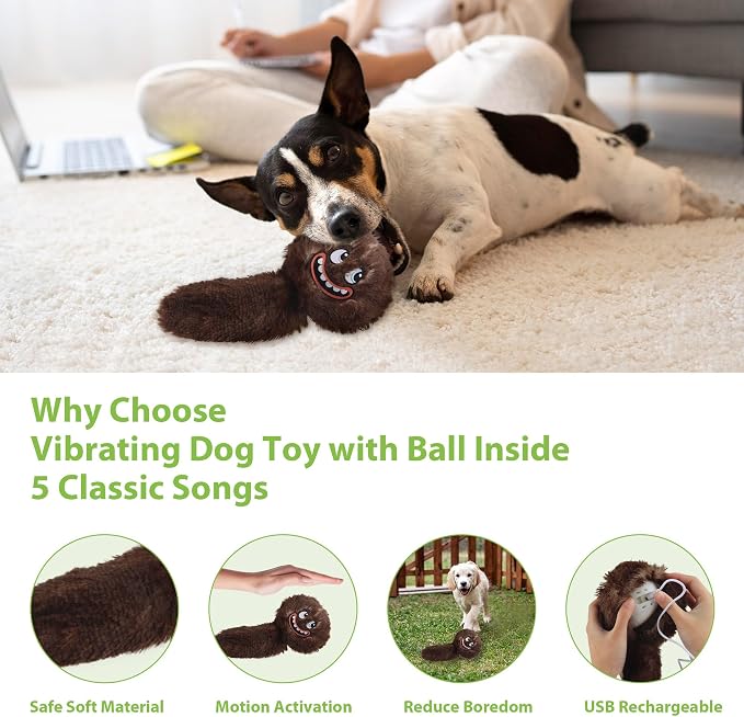 PETGEEK Vibrating Squeaky Dog Ball, USB Rechargeable 350mAh Toy, Brown | Motion-Activated Vibrating Dog Ball, Built-In Recording & Music, Crinkle Plush Cover, Squeaky Interactive Toy for All Dogs