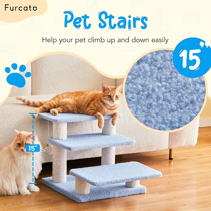 15''H Multi-Step Pet Stairs for High Beds & Sofas, 3-Step Cat Stairs with 2 Toy Balls, Wide Boards for Indoor Kittens Dogs Pets Climbing, Blue