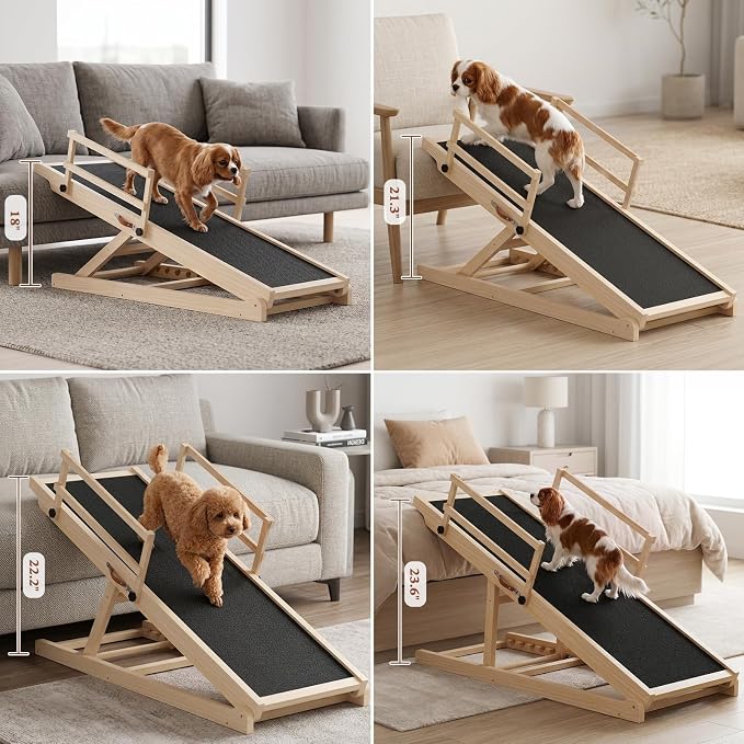 Dog Ramp for High Bed, Couch, Car, Pet Ramps 47" Long Adjustable 6 Height from 20.3"-27" Wooden Dog Step with Anti-slip Yoga Mat & Safety Side Rails for Small Medium Older Pets, up to 200 lbs