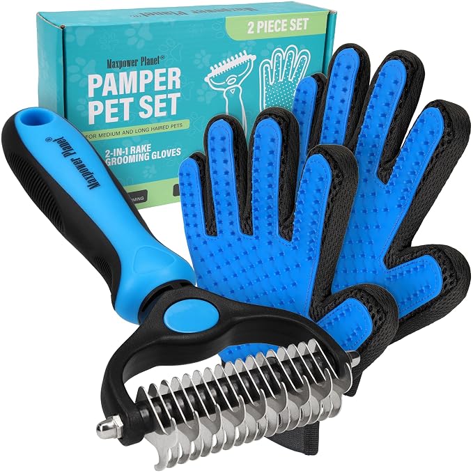 Maxpower Planet Pet Grooming Brush and 2X Grooming Gloves Combo, Blue