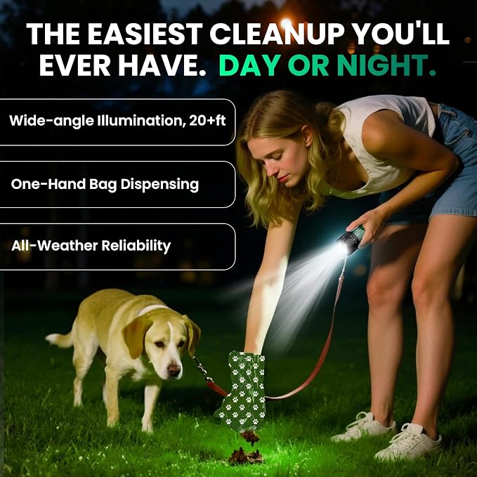 Dog Poop Bag Dispenser with LED Flashlight for Leash – USB-C Rechargeable, Waterproof, Hands-Free Dog Waste Bag Holder for Night Walks – Includes 45 Bags (3 Rolls)
