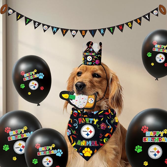 NFL Pittsburgh Steelers Dog Birthday Party Set 10pcs with 1 Football Bandana Large/X-Large, 1 Crown Hat, 1 Banner, 1 Birthday Cake Toy & 6 B-Day Balloons, Dog Birthday Set, Costume, Fun Doggie Pawty