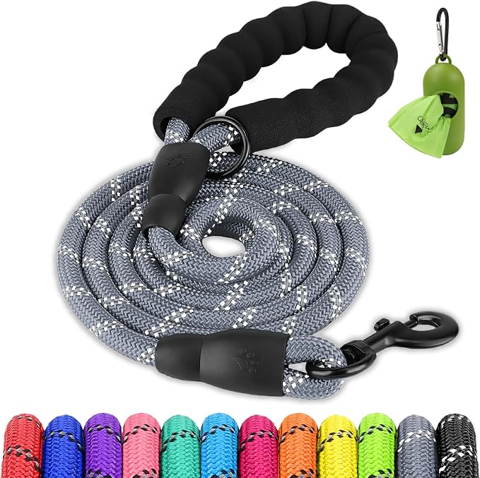 Joytale Rope Dog Leash for Medium Large Dogs, Padded Handle, 5FT, Gray | Reinforced Nylon Webbing, Comfort Grip Eases Hand Strain, Swivel Clip Prevents Tangles, Visible at Night, for Outdoor Walks