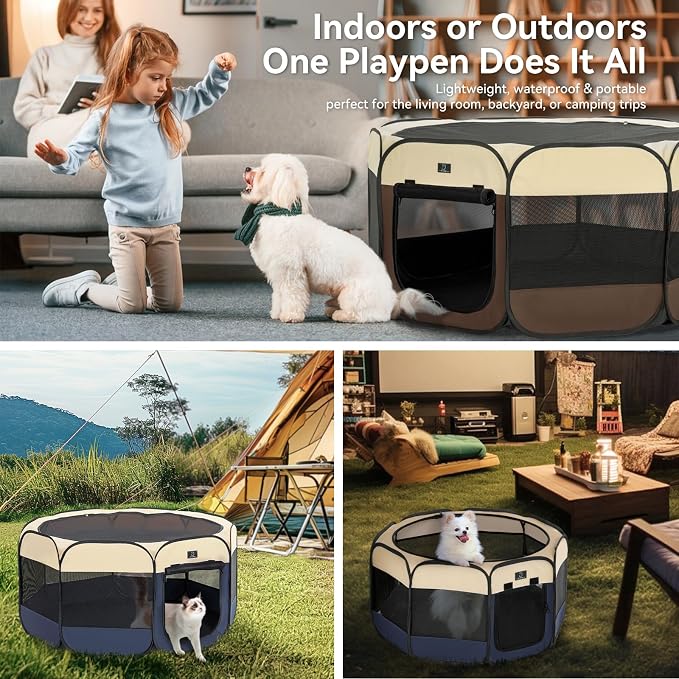Dog Playpen for Small Dogs & Puppies, 29.92" Portable Indoor Outdoor Puppy Playpen with Bowl, Waterproof Floor, Foldable Pop-Up Pet Pen for Home, Travel & Daily Use, Brown+Beige