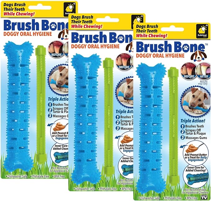 BulbHead BrushBone As Seen On TV Doggy Toothbrush Chew Toy 3 Pack, Plaque & Tartar Remover, Works 3 Ways to Clean While They Play, Invented by a Dentist, Add Peanut Butter or Cheese, Brush Bone