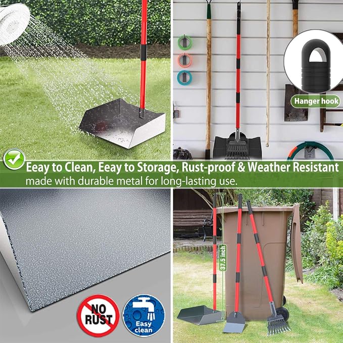 Larger Heavy Duty Pooper Scooper for Dogs-Rake, Spade,Tray Set with Long Handle,No Bend Down Easy Cleanup,Great for Yard Grass Gravel Dirt,Use for Large Small and Multi Dogs