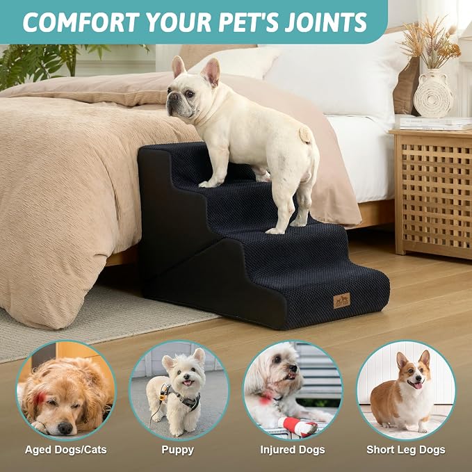 COZY KISS Dog Stairs for Small Dogs, 4-Step 2-in-1 Dog Steps,19.7" H | 4-step dog stairs and ramps for Old Cats, Puppy, Small Dogs,Non-Slip Base,for Couch & Bed, Black