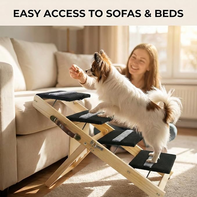2-in-1 Indoor Pet Ramp, Wooden Folding 4-Tier Pet Stairs with Non-Slip Carpeted Steps, Ramp Perfect for Bed and Couch, 12.5" to 22.5" Height Adjustable (31.5x15)