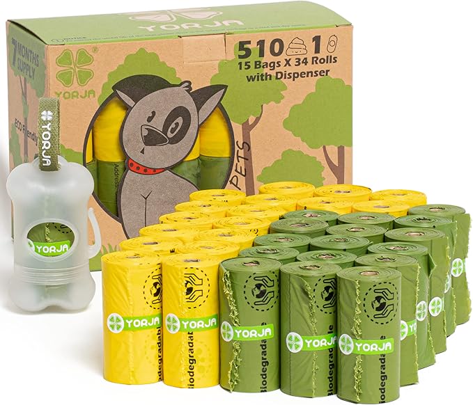 Dog Poop Bags Rolls with Dispenser & Holder, 510 Pet Waste Bags, 100% Leak Proof Extra Thick and Strong Corn Starch Blend