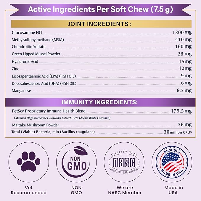 Petscy Longevity Hip & Joint + Immune Support for Dogs - Large (7.5g Chew) - High Dose Glucosamine, MSM, Chondroitin, Green Lipped Mussel, Omega 3, Probiotics - 30 Chews (Large Dogs)