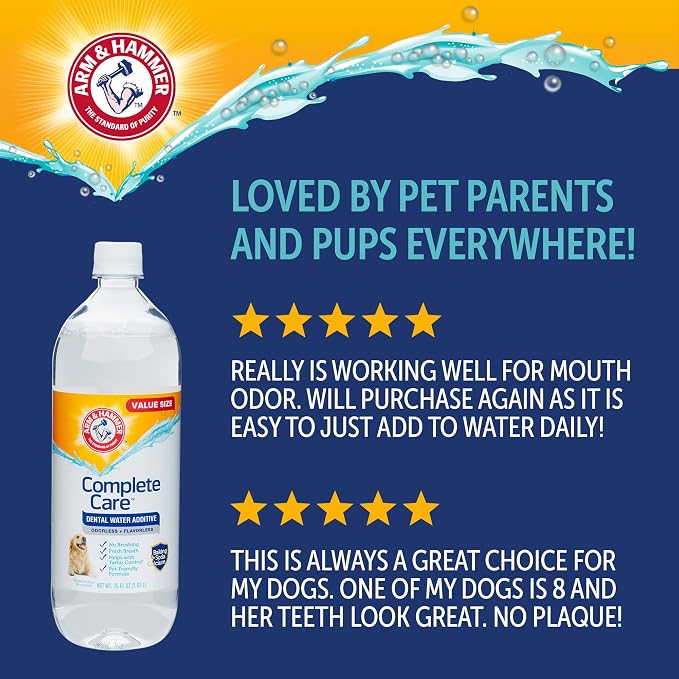 Arm & Hammer Complete Care Dog Dental Water Additive, 35 Fl Oz | Baking soda enhanced, tartar control, freshens breath, odorless and flavorless, no brushing required