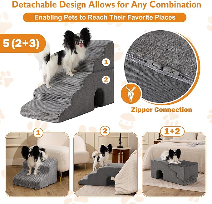 Dog Stairs for Bed 23’’ H, 5-Step Dog Steps for High Bed, Foldable Pet Stairs for Small Dogs and Cats to Get on Beds, Couch, Non-Slip Balanced Pet Steps and Ramp with Waterproof Cover, Grey